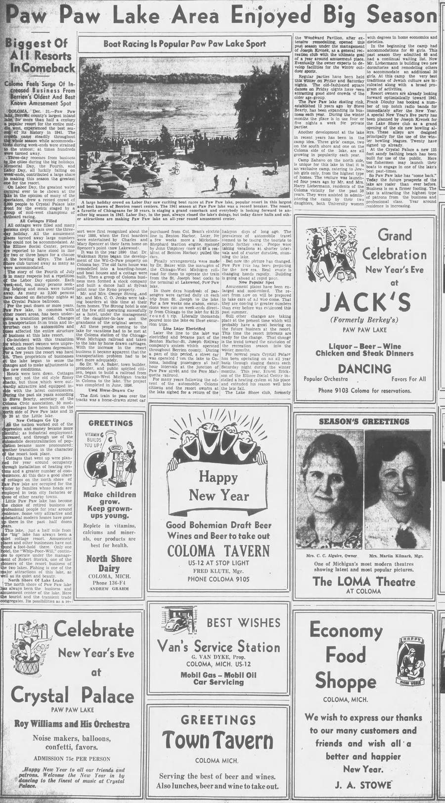 Crystal Palace Ballroom at Paw Paw Lake - THE NEWS PALLADIUM WED DEC 31 1941